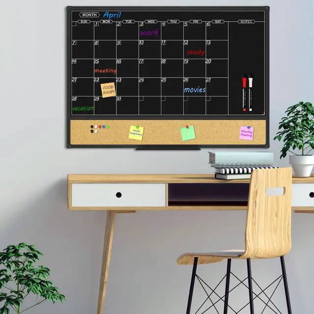 Alt view image 7 of 7 - Magnetic Black Calendar Dry Erase Board & Bulletin Board Combo, 36 x 24 Inch Dry Erase Board for Liquid Chalk Markers, Black Aluminum Frame for Office Home and School with 10 Push Pins