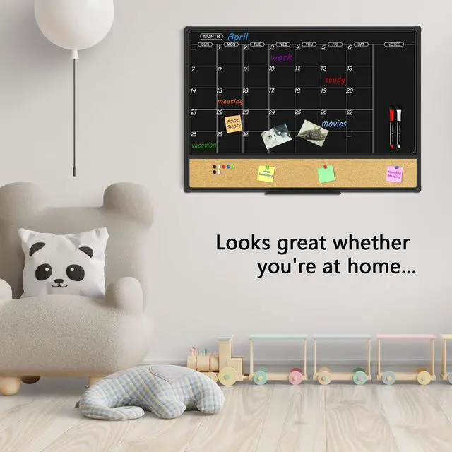 Alt view image 5 of 7 - Magnetic Black Calendar Dry Erase Board & Bulletin Board Combo, 36 x 24 Inch Dry Erase Board for Liquid Chalk Markers, Black Aluminum Frame for Office Home and School with 10 Push Pins