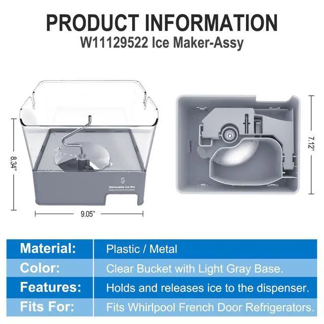 Alt view image 4 of 7 - Upgraded W11129522 Refrigerator Ice Bucket Compatible with Whirlpool Ice Maker Replacement Parts, W10564750 Whirlpool Ice Bucket Removable Ice Bin,KRMF706EBS01,KRFF707ESS01 Ice Container Assembly