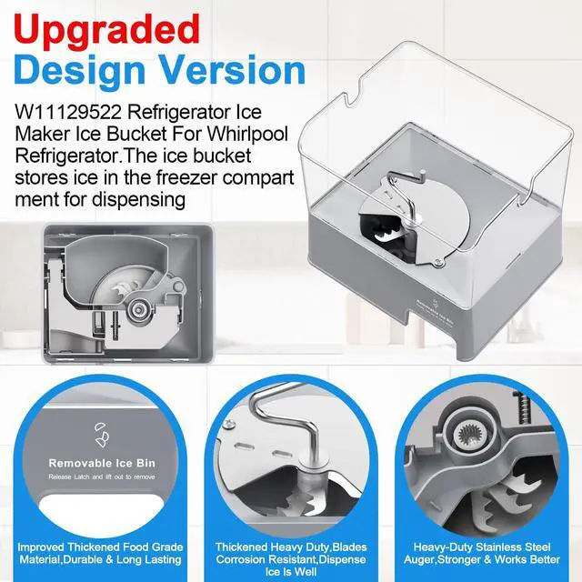 Alt view image 2 of 7 - Upgraded W11129522 Refrigerator Ice Bucket Compatible with Whirlpool Ice Maker Replacement Parts, W10564750 Whirlpool Ice Bucket Removable Ice Bin,KRMF706EBS01,KRFF707ESS01 Ice Container Assembly
