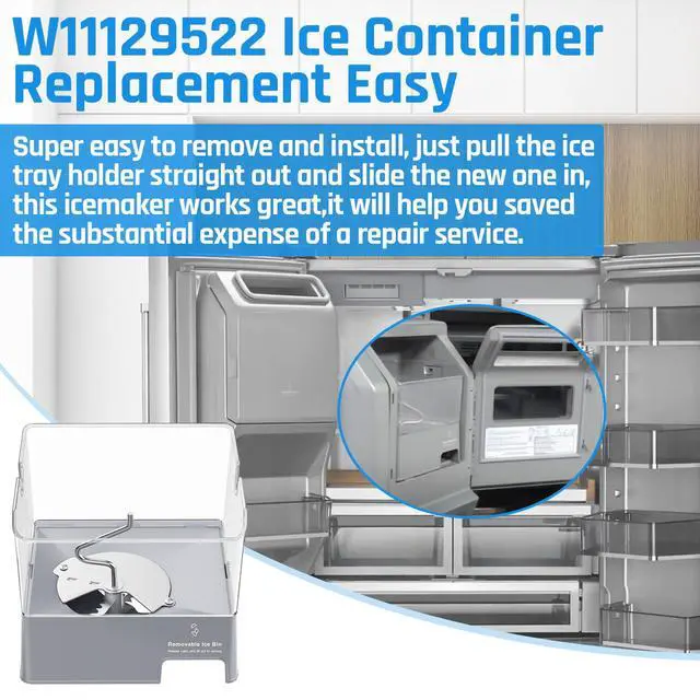 Alt view image 7 of 7 - Upgraded W11129522 Refrigerator Ice Bucket Compatible with Whirlpool Ice Maker Replacement Parts, W10564750 Whirlpool Ice Bucket Removable Ice Bin,KRMF706EBS01,KRFF707ESS01 Ice Container Assembly