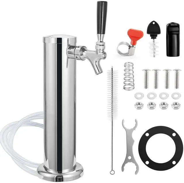 Main image of Single Beer Tap Beer Tower, All Stainless Steel Tower & Faucet | Beer Tower dispenser Kegerator Parts Kit with Preassembled Line, 3" Kegerator Tower Column, Keg Tap Tower for Brew