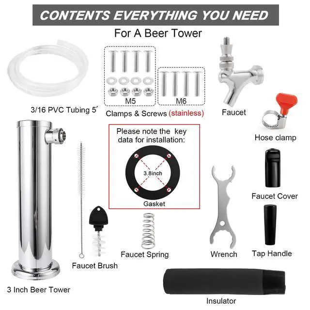 Alt view image 3 of 7 - Single Beer Tap Beer Tower, All Stainless Steel Tower & Faucet | Beer Tower dispenser Kegerator Parts Kit with Preassembled Line, 3" Kegerator Tower Column, Keg Tap Tower for Brew