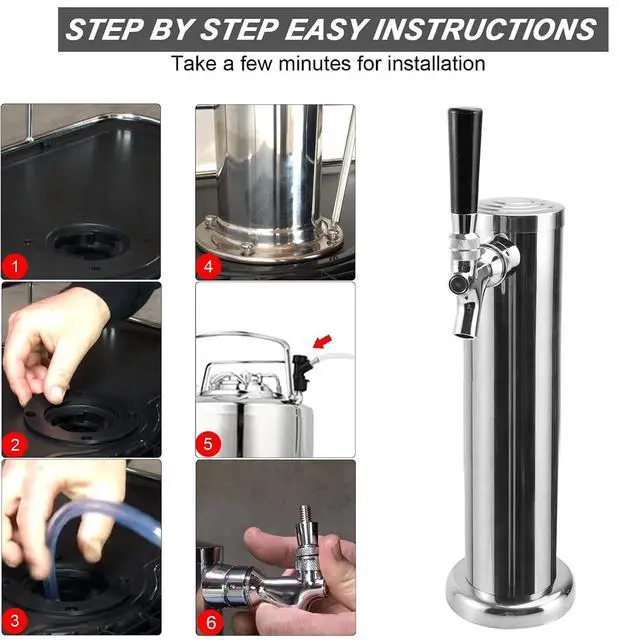 Alt view image 5 of 7 - Single Beer Tap Beer Tower, All Stainless Steel Tower & Faucet | Beer Tower dispenser Kegerator Parts Kit with Preassembled Line, 3" Kegerator Tower Column, Keg Tap Tower for Brew