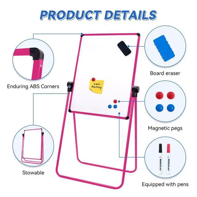 Alt view image 3 of 6 - Dry Erase Board with Stand - 23"x17" Double Sided Portable Foldable White Board, Height Adjustable Rotating Stand Magnetic Whiteboard for Home Office Restaurant, Pink