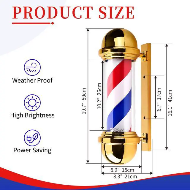 Alt view image 2 of 7 - 20 Inch Barber Pole,Red Blue and White Barbershop Rotating Light Fixture,Classic Signs for Hair Salon,LED Light Source (Golden)
