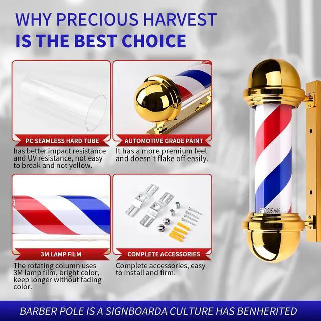 Alt view image 4 of 7 - 20 Inch Barber Pole,Red Blue and White Barbershop Rotating Light Fixture,Classic Signs for Hair Salon,LED Light Source (Golden)