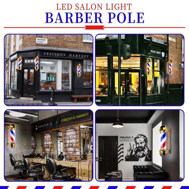 Alt view image 3 of 7 - 20 Inch Barber Pole,Red Blue and White Barbershop Rotating Light Fixture,Classic Signs for Hair Salon,LED Light Source (Golden)