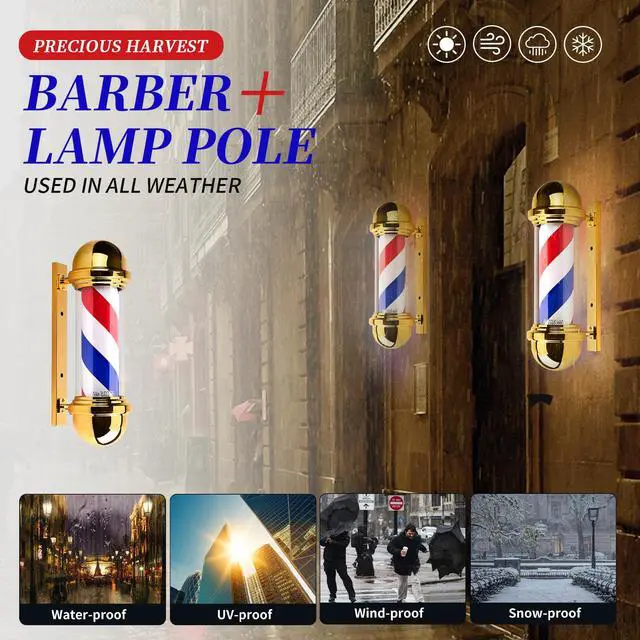 Alt view image 5 of 7 - 20 Inch Barber Pole,Red Blue and White Barbershop Rotating Light Fixture,Classic Signs for Hair Salon,LED Light Source (Golden)