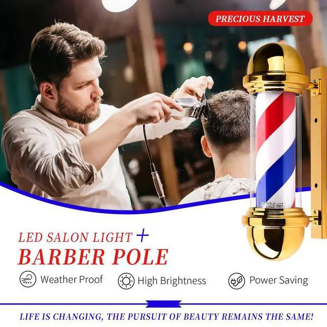 Alt view image 7 of 7 - 20 Inch Barber Pole,Red Blue and White Barbershop Rotating Light Fixture,Classic Signs for Hair Salon,LED Light Source (Golden)