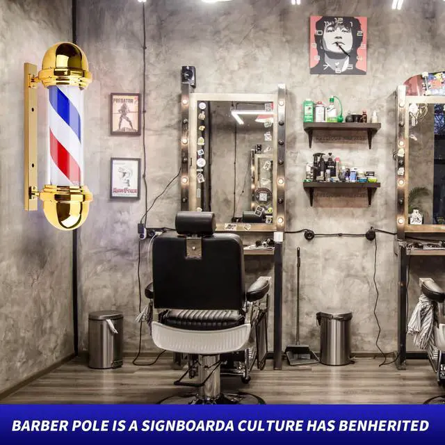 Alt view image 6 of 7 - 20 Inch Barber Pole,Red Blue and White Barbershop Rotating Light Fixture,Classic Signs for Hair Salon,LED Light Source (Golden)
