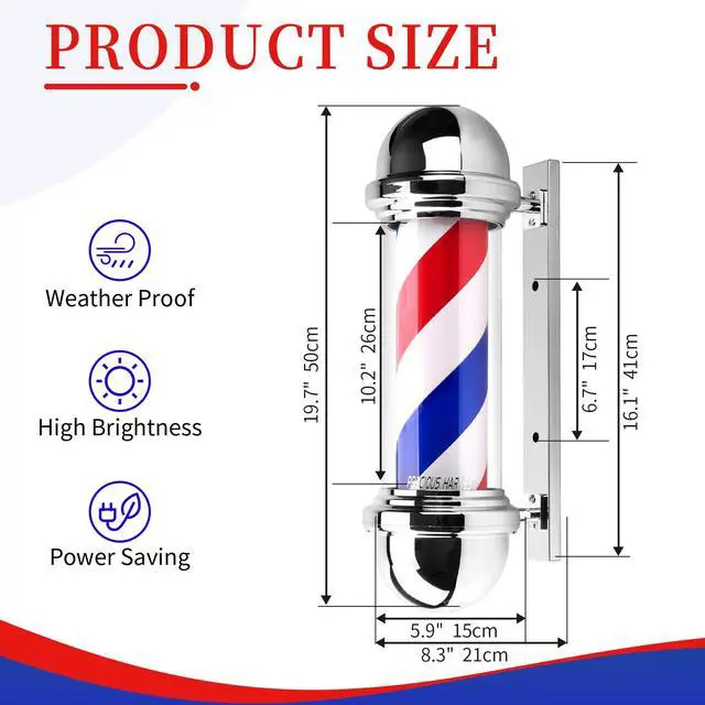 Alt view image 2 of 7 - 20 Inch Barber Pole,Red Blue and White Barbershop Rotating Light Fixture,Classic Signs for Hair Salon,LED Light Source (Silver)