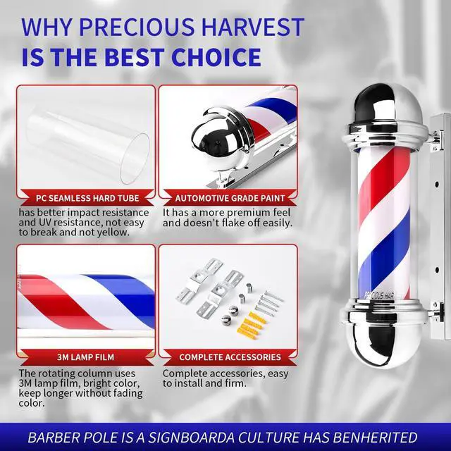 Alt view image 4 of 7 - 20 Inch Barber Pole,Red Blue and White Barbershop Rotating Light Fixture,Classic Signs for Hair Salon,LED Light Source (Silver)