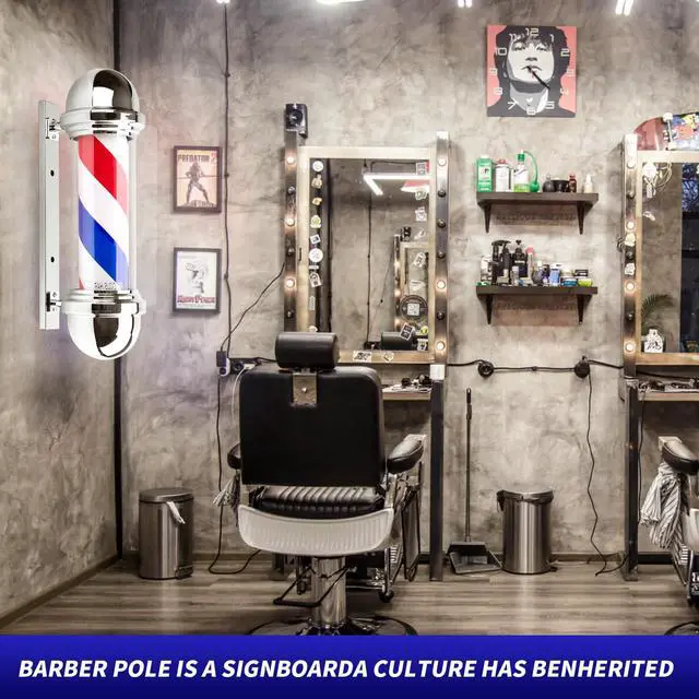 Alt view image 6 of 7 - 20 Inch Barber Pole,Red Blue and White Barbershop Rotating Light Fixture,Classic Signs for Hair Salon,LED Light Source (Silver)