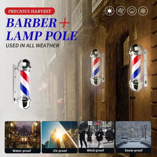 Alt view image 5 of 7 - 20 Inch Barber Pole,Red Blue and White Barbershop Rotating Light Fixture,Classic Signs for Hair Salon,LED Light Source (Silver)