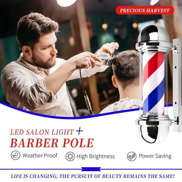 Alt view image 7 of 7 - 20 Inch Barber Pole,Red Blue and White Barbershop Rotating Light Fixture,Classic Signs for Hair Salon,LED Light Source (Silver)