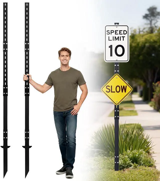 Main image of 8 Ft Heavy Duty Yard Sign Stakes - 96-InchTall Metal Lawn Sign Posts, 6.6 lb Each with Black Powder Coating - for Outdoor Events, Parking, Garage, Bar, Lawn Signs (Black2)