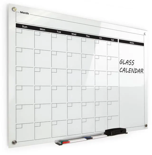 Main image of Real Glass Dry Erase Monthly Calendar, Giant Size 34" x 46", White Tempered Glass Surface, Frameless Wall Mount, with 4 Assorted Color Markers and Eraser, by (Bright White)