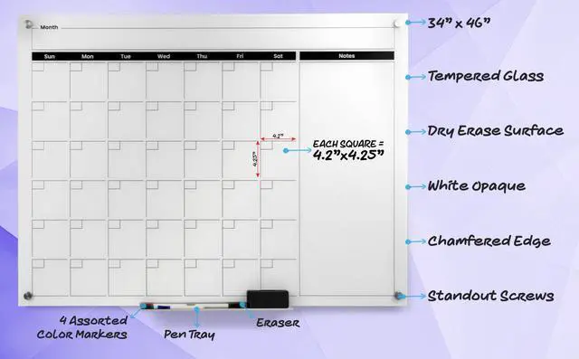 Alt view image 3 of 7 - Real Glass Dry Erase Monthly Calendar, Giant Size 34" x 46", White Tempered Glass Surface, Frameless Wall Mount, with 4 Assorted Color Markers and Eraser, by (Bright White)