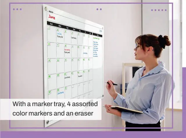 Alt view image 2 of 7 - Real Glass Dry Erase Monthly Calendar, Giant Size 34" x 46", White Tempered Glass Surface, Frameless Wall Mount, with 4 Assorted Color Markers and Eraser, by (Bright White)