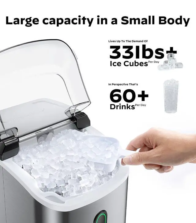 Alt view image 4 of 7 - Countertop Nugget Ice Maker with Self-Cleaning & Removable Lid, 33lbs/24H Chewable Pellet Ice Machine for Home/Kitchen/Office, Stainless Steel