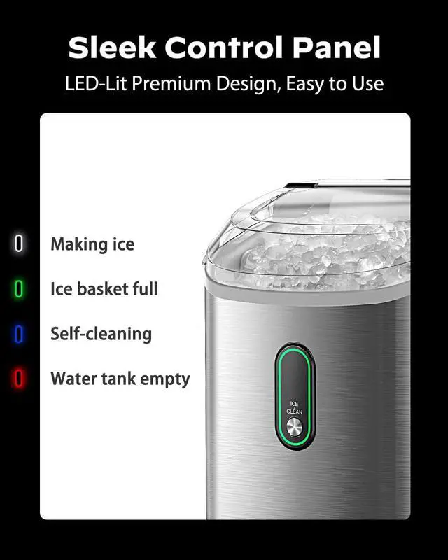 Alt view image 5 of 7 - Countertop Nugget Ice Maker with Self-Cleaning & Removable Lid, 33lbs/24H Chewable Pellet Ice Machine for Home/Kitchen/Office, Stainless Steel
