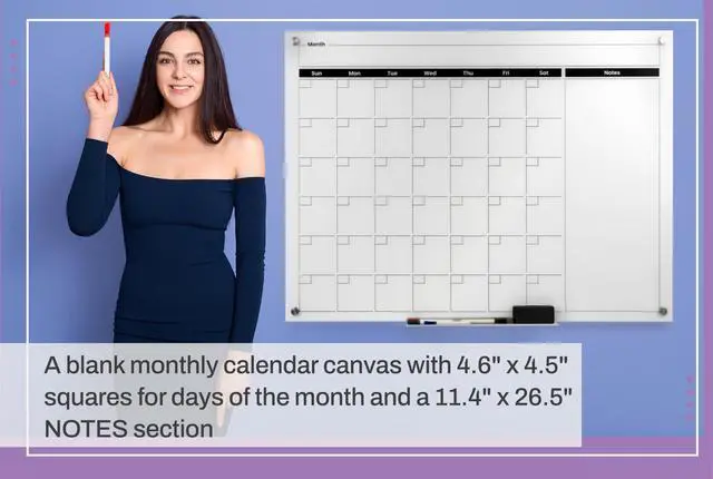Alt view image 4 of 7 - Real Glass Dry Erase Monthly Calendar, Giant Size 34" x 46", White Tempered Glass Surface, Frameless Wall Mount, with 4 Assorted Color Markers and Eraser, by (Bright White)