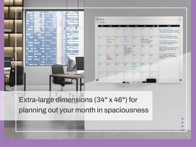 Alt view image 5 of 7 - Real Glass Dry Erase Monthly Calendar, Giant Size 34" x 46", White Tempered Glass Surface, Frameless Wall Mount, with 4 Assorted Color Markers and Eraser, by (Bright White)