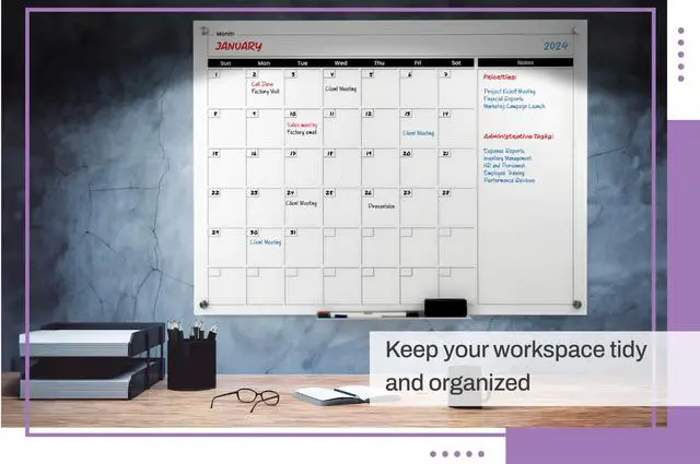Alt view image 7 of 7 - Real Glass Dry Erase Monthly Calendar, Giant Size 34" x 46", White Tempered Glass Surface, Frameless Wall Mount, with 4 Assorted Color Markers and Eraser, by (Bright White)
