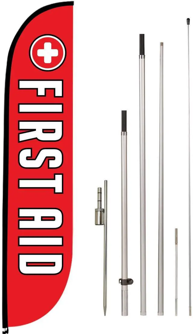 Main image of Feather Flag Set, 12 ft Advertising Flag with Fiberglass Poles and Ground Spike for Business Promotion, Financial Services Themed (First Aid) | Poles & ground spike included