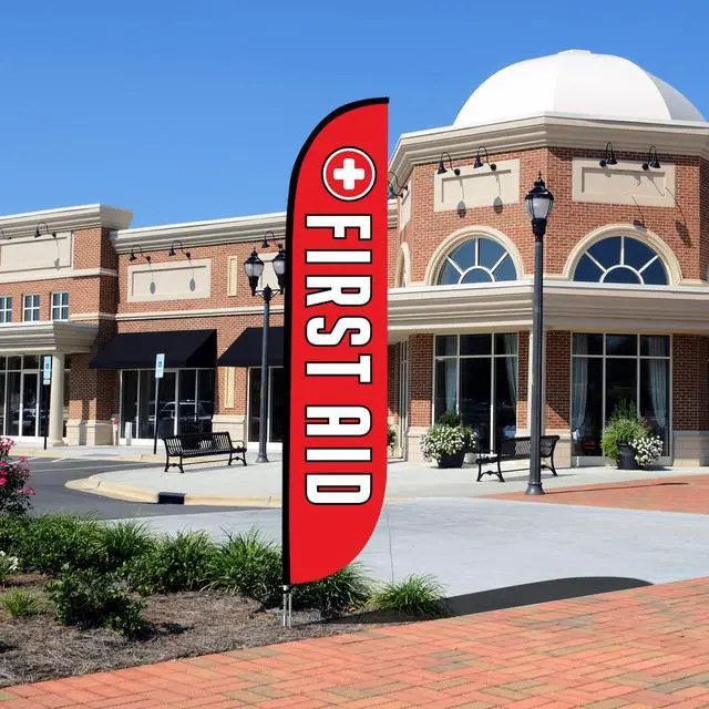 Alt view image 5 of 6 - Feather Flag Set, 12 ft Advertising Flag with Fiberglass Poles and Ground Spike for Business Promotion, Financial Services Themed (First Aid) | Poles & ground spike included