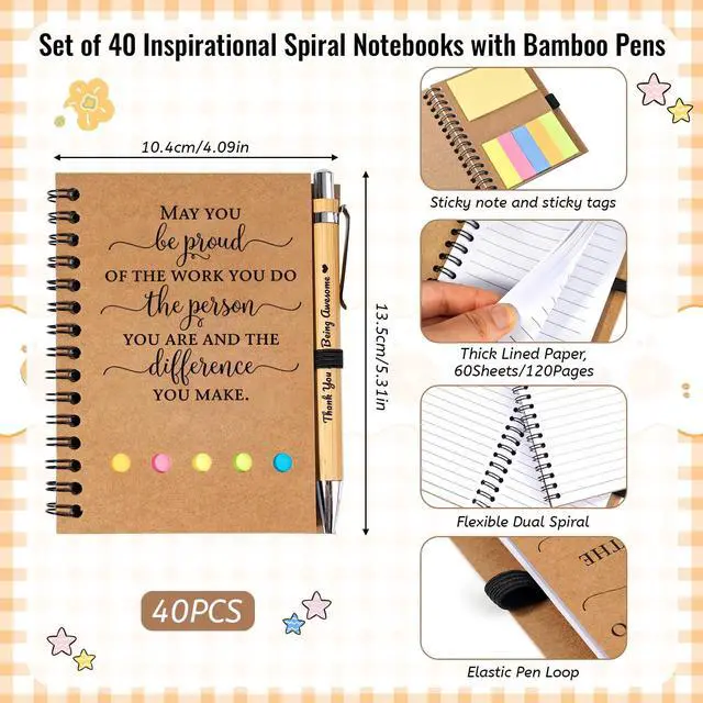 Alt view image 2 of 7 - 40 Sets Employee Appreciation Gifts Bulk Inspirational Spiral Notebook Journal with Sticky Notes Bamboo Pen Back to School Gifts for Students Teacher Nurse Coworker Office Team Housekeeping Staff