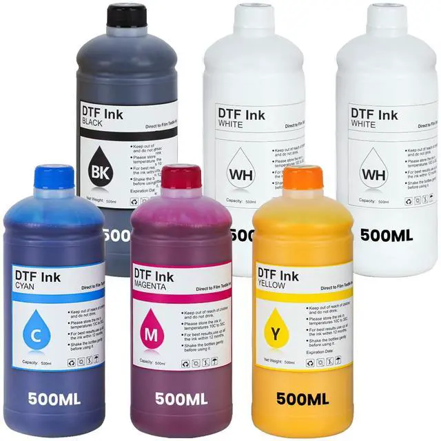 Main image of Premium DTF Ink 500 ml 6-Pack, DTF Heat Transfer Ink Refill ET-8550 | for All DTF Printers L1800 R2400 L800 DX5 DX7 5113 XP600 I3200 (2White, 1Black, 1Cyan, 1Magenta, 1Yellow)