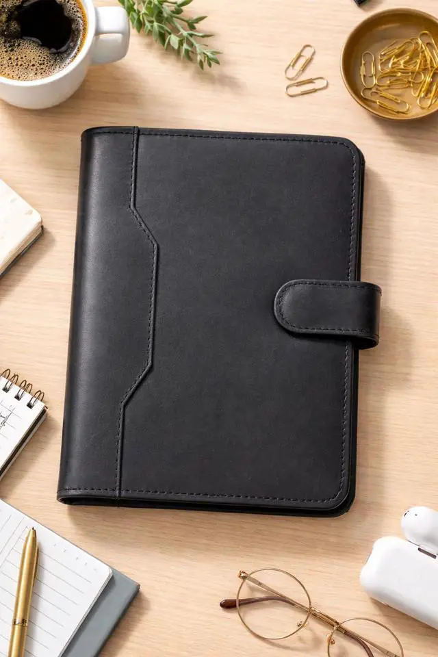 Alt view image 2 of 7 - Leather Junior Padfolio 5x8, Small Bifold Business Portfolio Folder for Men & Women, Compact Legal Pad Holder with Pen Loop, Card Holder with Document Pocket, Interview Organizer (Black)