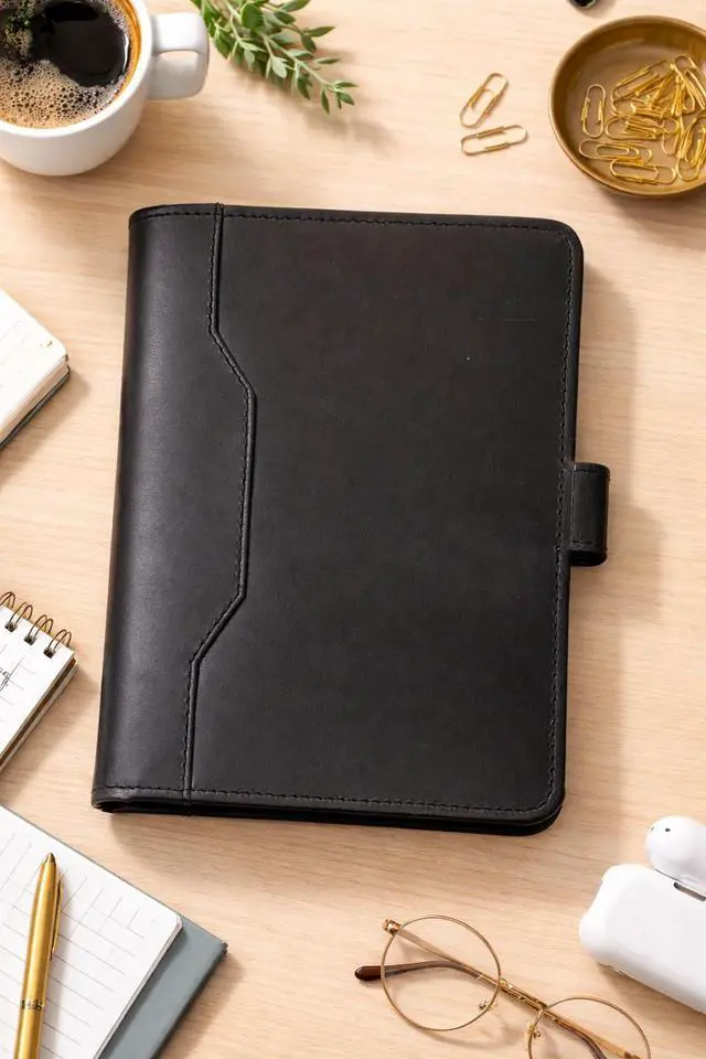 Alt view image 4 of 7 - Leather Junior Padfolio 5x8, Small Bifold Business Portfolio Folder for Men & Women, Compact Legal Pad Holder with Pen Loop, Card Holder with Document Pocket, Interview Organizer (Black)