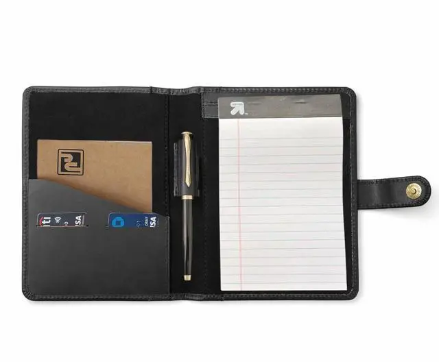 Main image of Leather Junior Padfolio 5x8, Small Bifold Business Portfolio Folder for Men & Women, Compact Legal Pad Holder with Pen Loop, Card Holder with Document Pocket, Interview Organizer (Black)