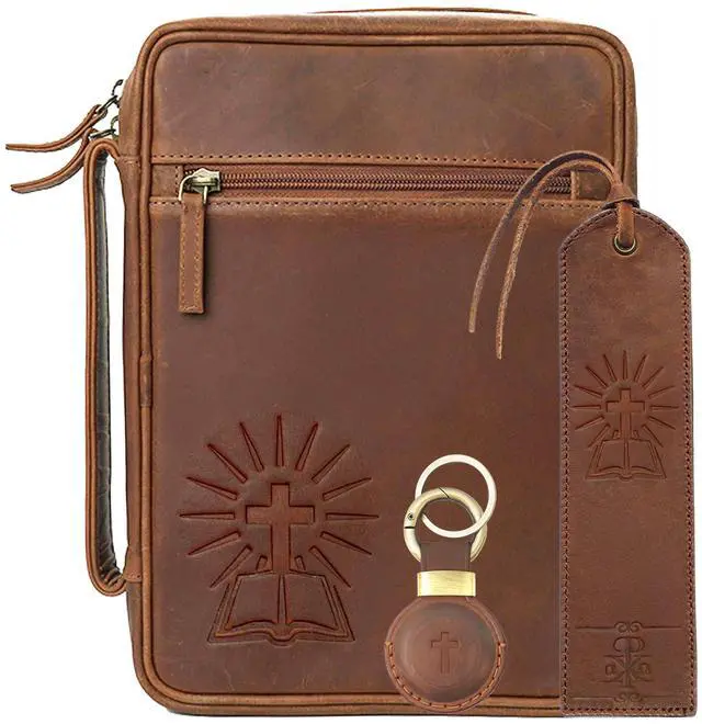 Main image of Small Leather Bible Cover - Handmade Buffalo Leather, Cross Embossed, Handle, Zipper, Storage Pockets, Bookmark & AirTag Compatible Holder - Durable Cover for Men & Women