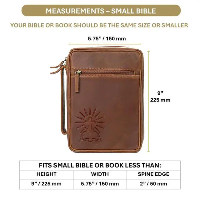 Alt view image 3 of 7 - Small Leather Bible Cover - Handmade Buffalo Leather, Cross Embossed, Handle, Zipper, Storage Pockets, Bookmark & AirTag Compatible Holder - Durable Cover for Men & Women