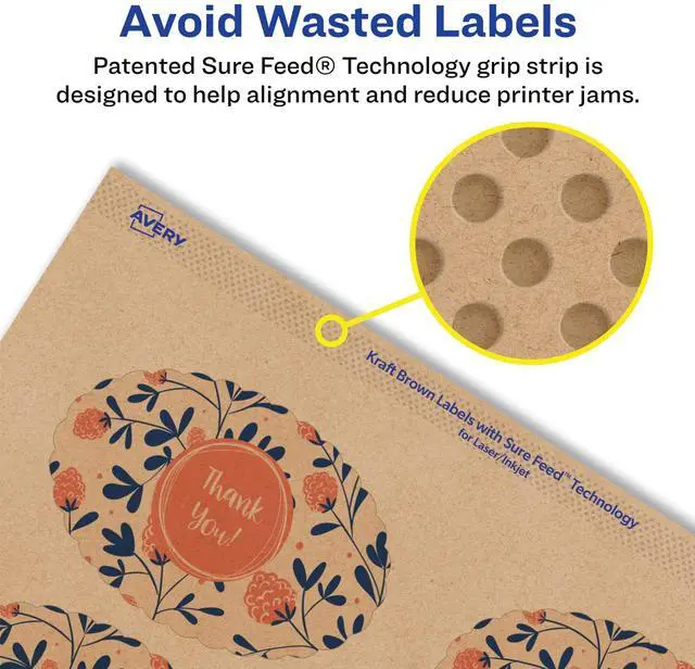 Alt view image 4 of 6 - ® Kraft Brown Oval Scalloped Labels, Sure Feed® Technology, 2" x 3", 800 Kraft Brown Labels, Print-to-The-Edge, Laser/Inkjet Printable