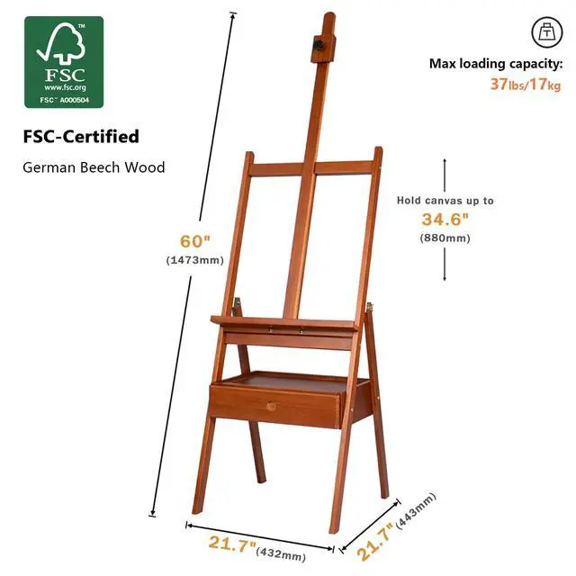 Alt view image 2 of 7 - Medium Wooden H-Frame Art Easel with Storage Drawer, Walnut | Hold Canvas up to 34.6", Artist Painting Stand for Adults, Sturdy and Durable, Perfect for Home Studios & Classroom