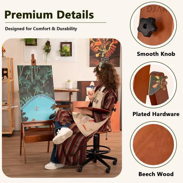 Alt view image 3 of 7 - Medium Wooden H-Frame Art Easel with Storage Drawer, Walnut | Hold Canvas up to 34.6", Artist Painting Stand for Adults, Sturdy and Durable, Perfect for Home Studios & Classroom
