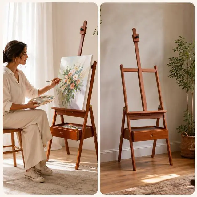 Alt view image 6 of 7 - Medium Wooden H-Frame Art Easel with Storage Drawer, Walnut | Hold Canvas up to 34.6", Artist Painting Stand for Adults, Sturdy and Durable, Perfect for Home Studios & Classroom