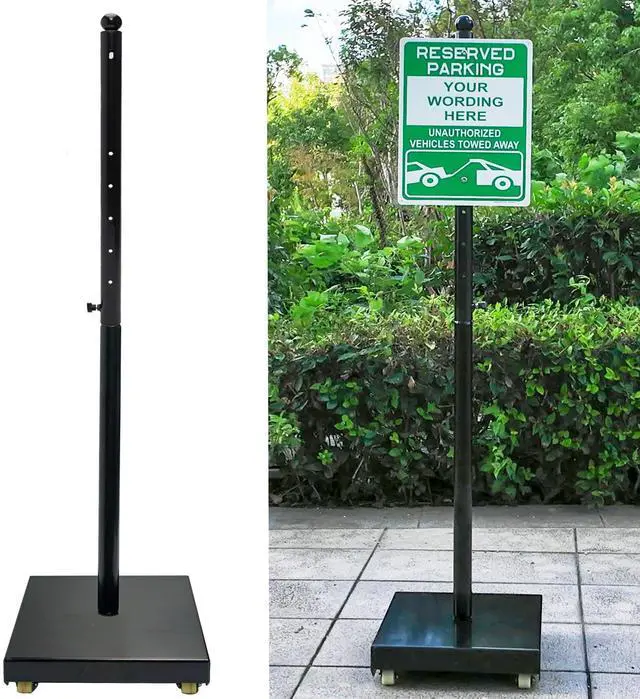 Main image of Portable Sign Post with Wheels, 14" Dia Iron Square Base, 60" Tall, Heavy Duty Pedestal Post Holder for No Parking Street, Handicap Parking, etc. Comes With Base, Bolts and Nuts, Black