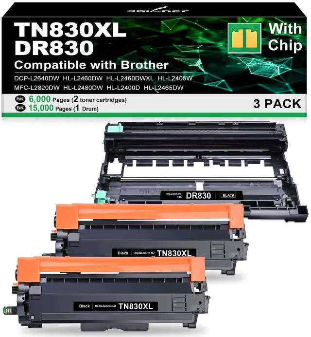 Main image of Compatible Toner Cartridges and Drum for Brother TN830XL DR830 with Chip | Replacement for Brother TN830XL TN830 DR830 Use with HL-L2460DW DCP-L2640DW HL-L2405W Printer (2 Toners with chip, 1 Drum)