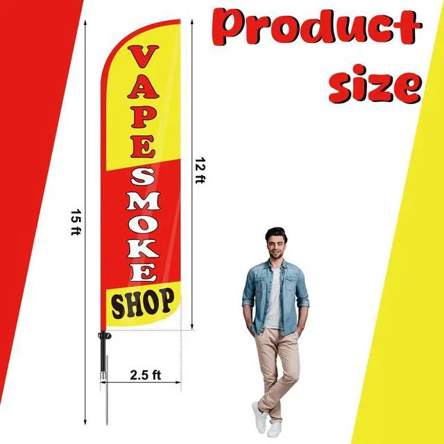 Alt view image 2 of 6 - 15 FT Smoke Shop Feather Flag Pole Kit Smoke Shop Flag Sign Knitted Windless Advertising Feather Banner Sign for Outdoor Business Advertising Stores Decoration