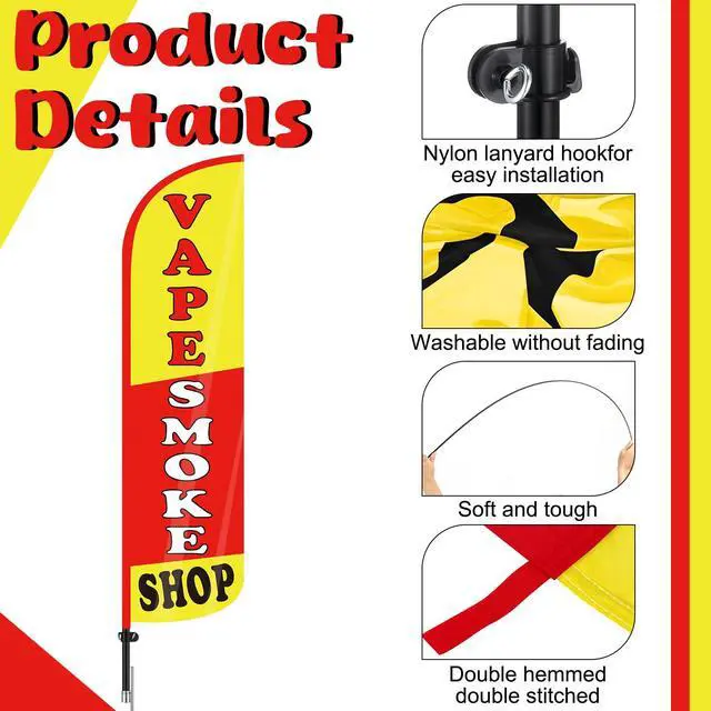 Alt view image 4 of 6 - 15 FT Smoke Shop Feather Flag Pole Kit Smoke Shop Flag Sign Knitted Windless Advertising Feather Banner Sign for Outdoor Business Advertising Stores Decoration