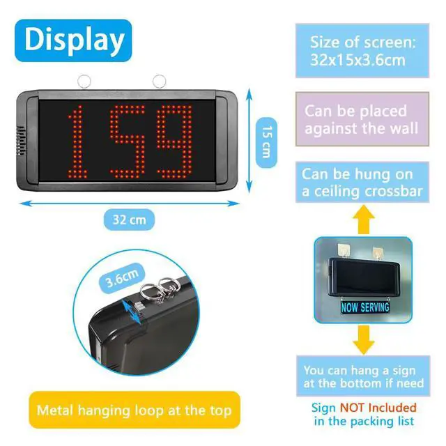 Alt view image 6 of 6 - Wireless Queue Calling System Take a Number System 3-Dight Now Serving Number System with Voice Prompt for Restaurant Hospital Bank Waiting Line Management (1 Keypad + 1 Display)