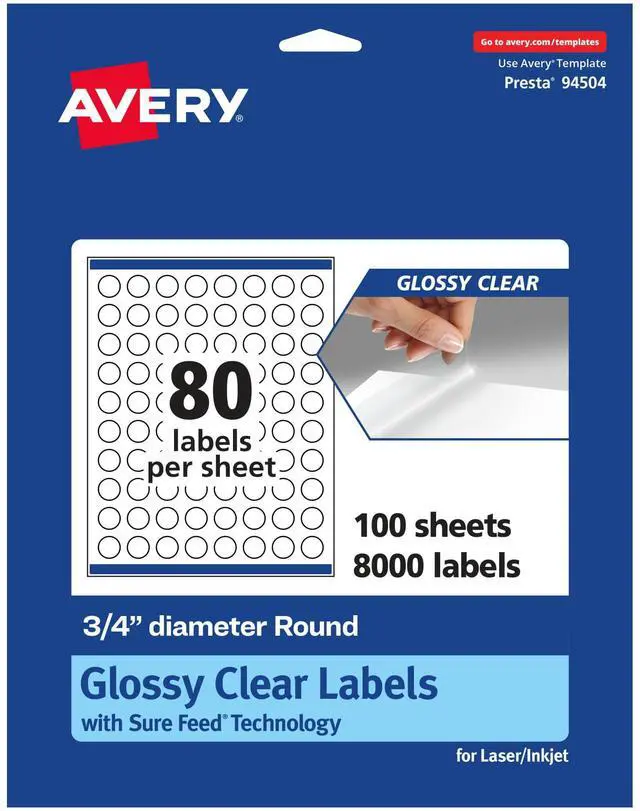 Main image of ® Glossy Clear Round Labels, Sure Feed® Technology, 0.75" Diameter, 8,000 Glossy Clear Labels, Print-to-The-Edge, Laser/Inkjet Printable