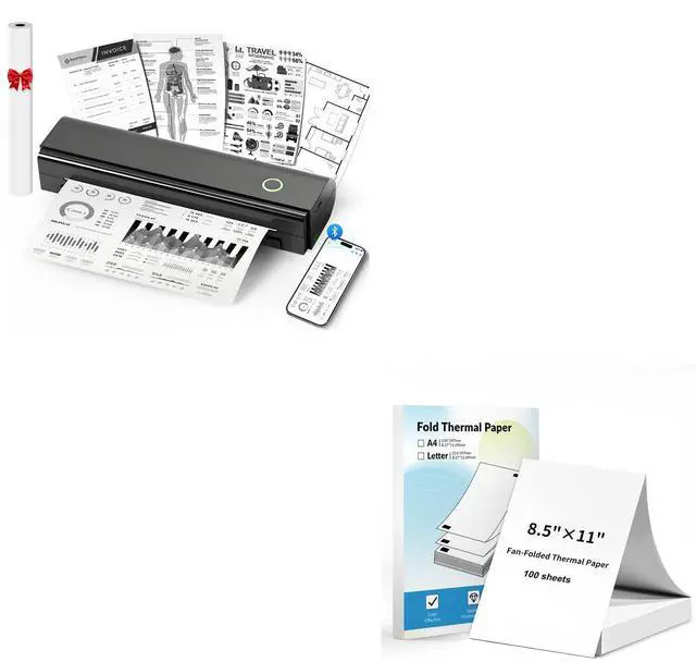 Main image of Portable Printer & 100 Sheets 8.5"x11" Fanfold Thermal Paper US Letter Size for Home, car, Office, School, etc