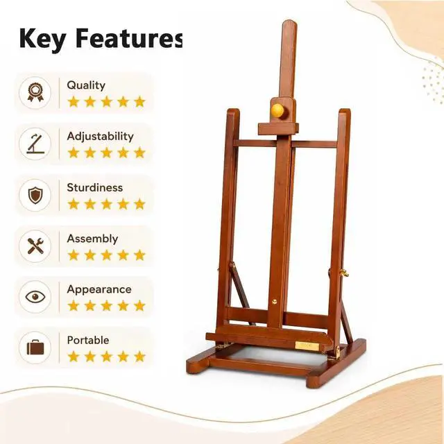 Alt view image 3 of 7 - Medium Tabletop Painting Easel, Assembly-Free, Solid Beechwood, Walnut | Adjustable H-Frame Desktop Painting Stand, Holds canvases up to 27.5", Premium Art Supplies for Students and Beginners